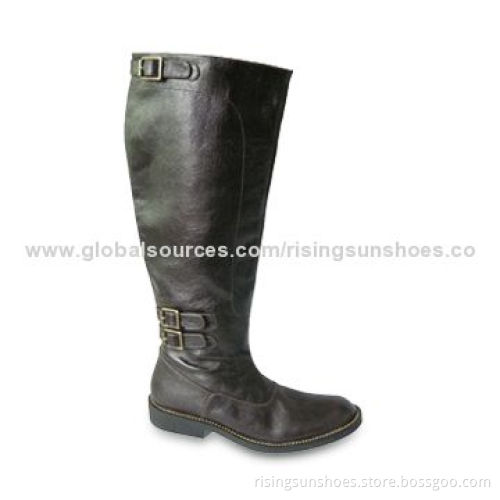 Women's comfortable trendy long dress boots, genuine leather upper, metal buckles decorated on tapes